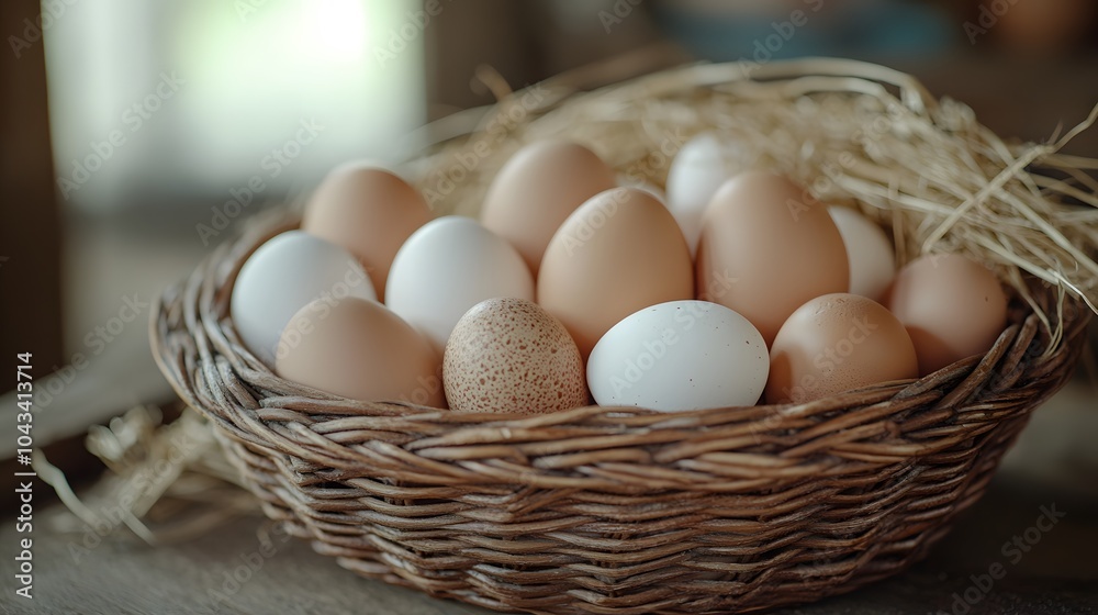Wicker basket with fresh eggs on wooden surface. Brown and white eggs with straw accents, natural lighting highlighting smooth eggshell textures. Wicker basket with fresh eggs on wooden surface. Brown and white eggs with straw accents, natural lighting highlighting smooth eggshell textures.