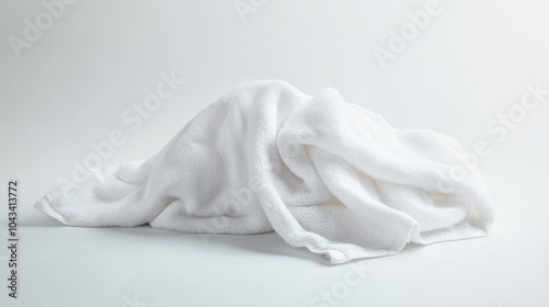 A soft, crumpled white towel displayed in side view, capturing its inviting texture and warmth, ideal for promoting bath and spa experiences