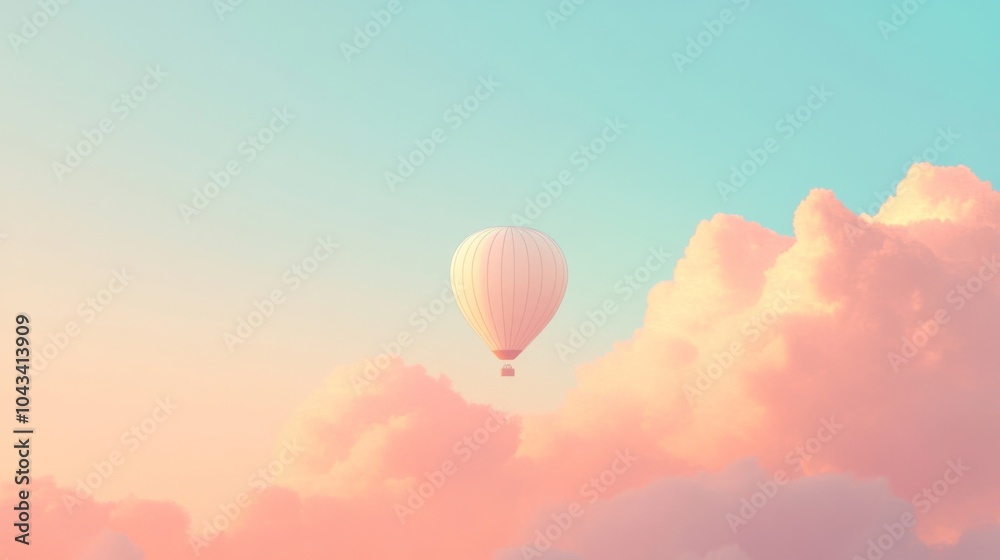 Obraz premium A white hot air balloon flies through a pastel pink and blue sky.
