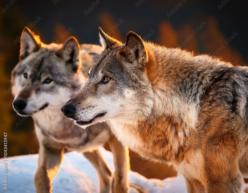 Fototapeta premium Two Gray wolf, Canis lupus in the winter forest. Wolf in the nature habitat