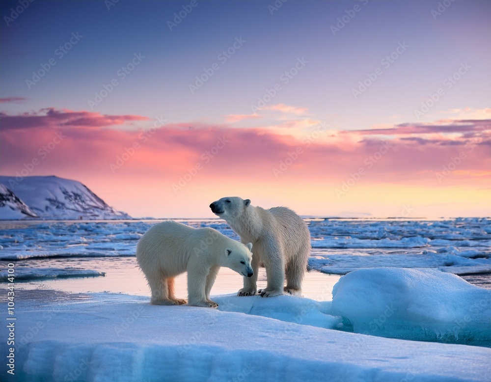 Polar bear with her cub walking on Arctic tundra at sunset,digital oil painting Polar bear with her cub walking on Arctic tundra at sunset,digital oil painting