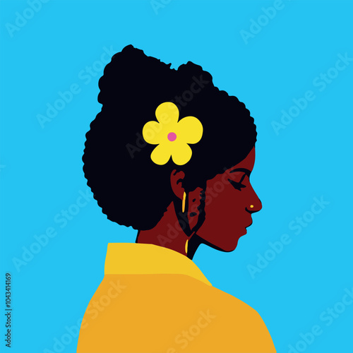 Young african american woman with short curly hair looking at the camera. Pretty girl face. Isolated flat vector illustration with a female character. Portrait of a beautiful black woman.