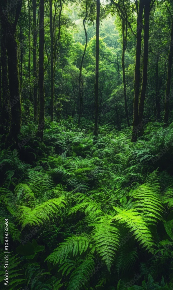 Fototapeta premium Dark and lush undergrowth in a temperate forest, with ferns and moss covering the forest floor
