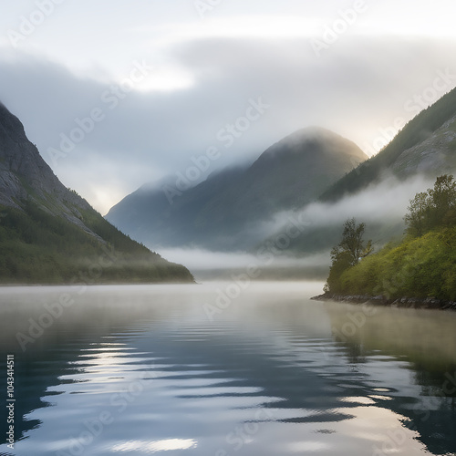 A serene landscape photo of the morning light and mist across a body of water.