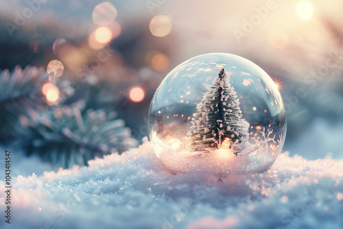 A snow globe capturing small Christmas tree surrounded by sparkling snow and glowing lights in a wintery landscape at sunset.