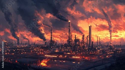 A sprawling oil refinery complex with towering storage tanks and steel pipelines, set against a striking, stormy sky.