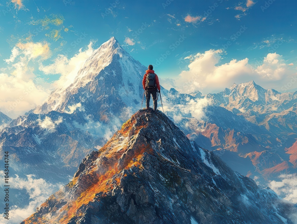 solitary hiker standing atop a majestic mountain peak, surrounded by breathtaking summer mountains under a vibrant blue sky, evoking feelings of adventure and contemplation of nature solitary hiker standing atop a majestic mountain peak, surrounded by breathtaking summer mountains under a vibrant blue sky, evoking feelings of adventure and contemplation of nature