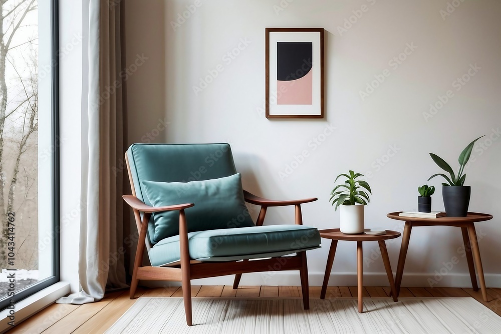 Scandinavian living room focusing on a lounge chair at the corner with decor in a wooden accent.