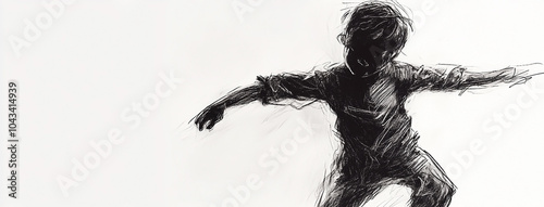 Black charcoal pencil drawing of a small active kid dancing in white background with live performance