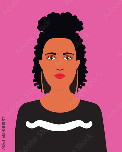 Young african american woman with short curly hair looking at the camera. Pretty girl face. Isolated flat vector illustration with a female character. Portrait of a beautiful black woman.