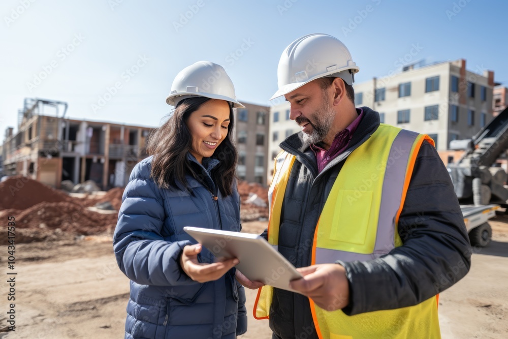 Civil engineer discusses project details with colleague on construction site during daylight Civil engineer discusses project details with colleague on construction site during daylight