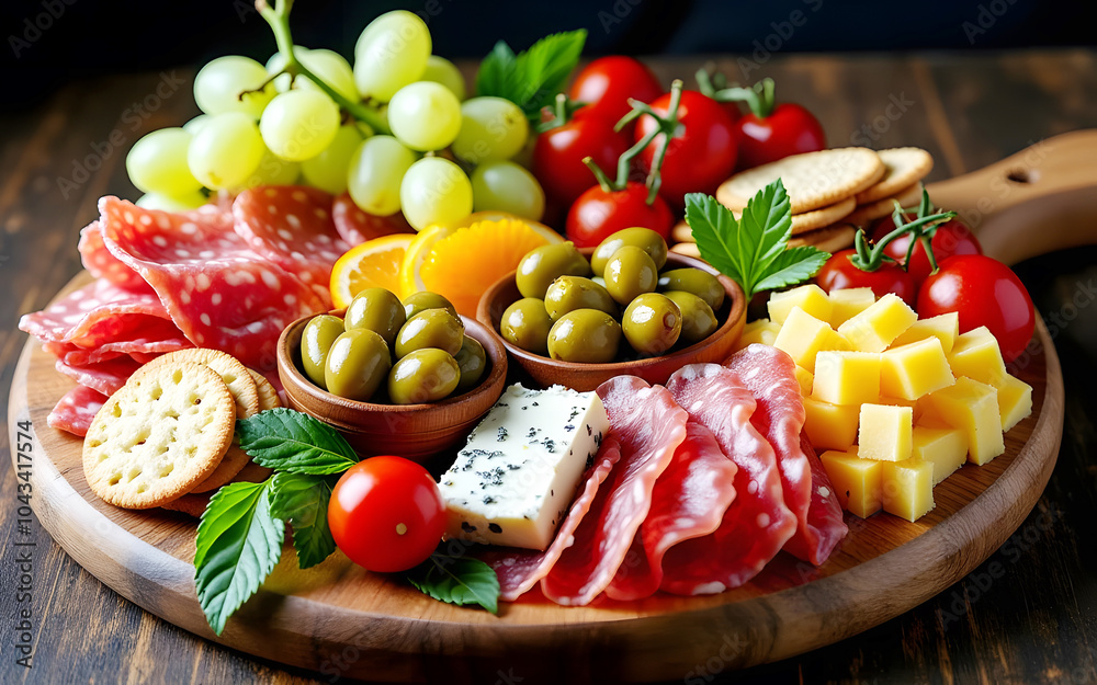 Gourmet charcuterie board with fancy gourmet food, artisanal cheese platter, cured meats Gourmet charcuterie board with fancy gourmet food, artisanal cheese platter, cured meats
