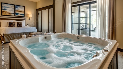 A big whirlpool tub with jets running, set within a serene, luxury suite with plush textiles