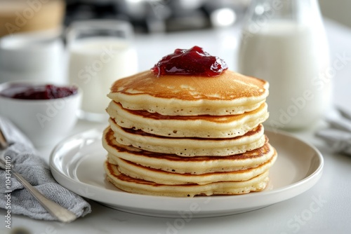 Delicious Stack of Pancakes with Berry Jam photo