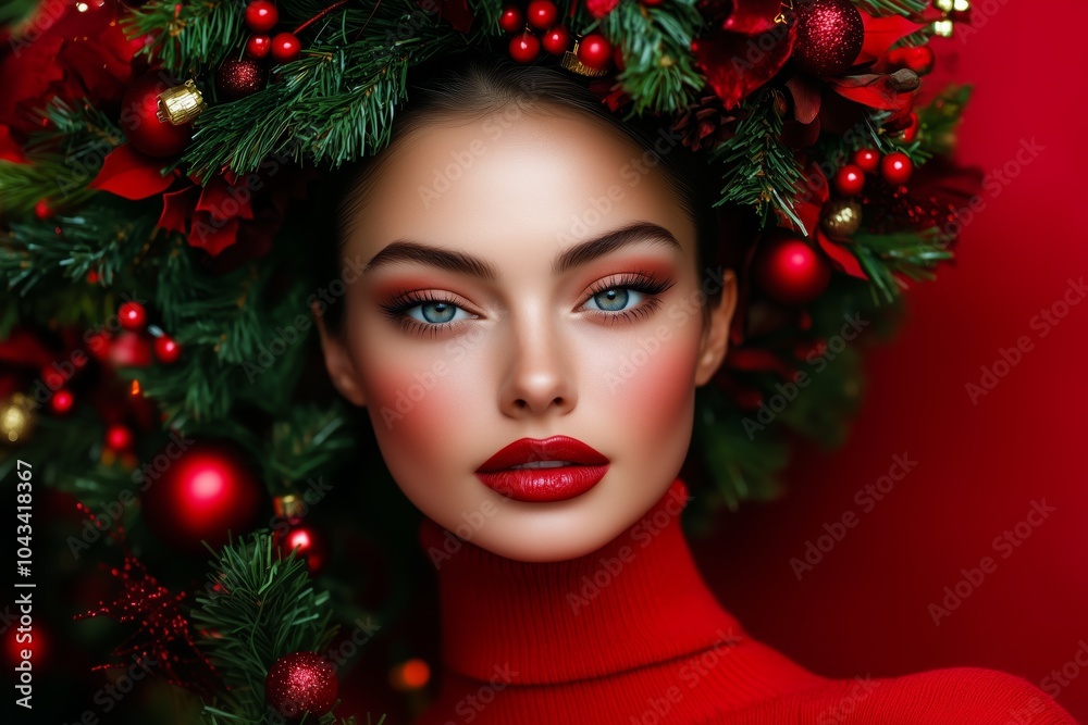 model with an elegant red turtleneck, wearing a Christmas wreath on her head and bold lipstick makeup model with an elegant red turtleneck, wearing a Christmas wreath on her head and bold lipstick makeup