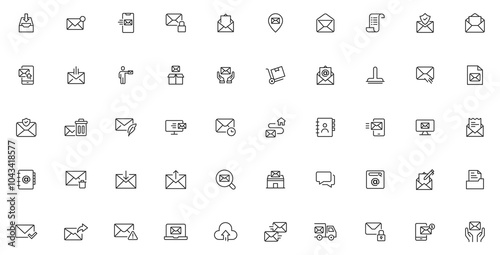 Postal and email line icons collection. Message, envelope, mailing, postal letter, post office and mailbox outline icon set