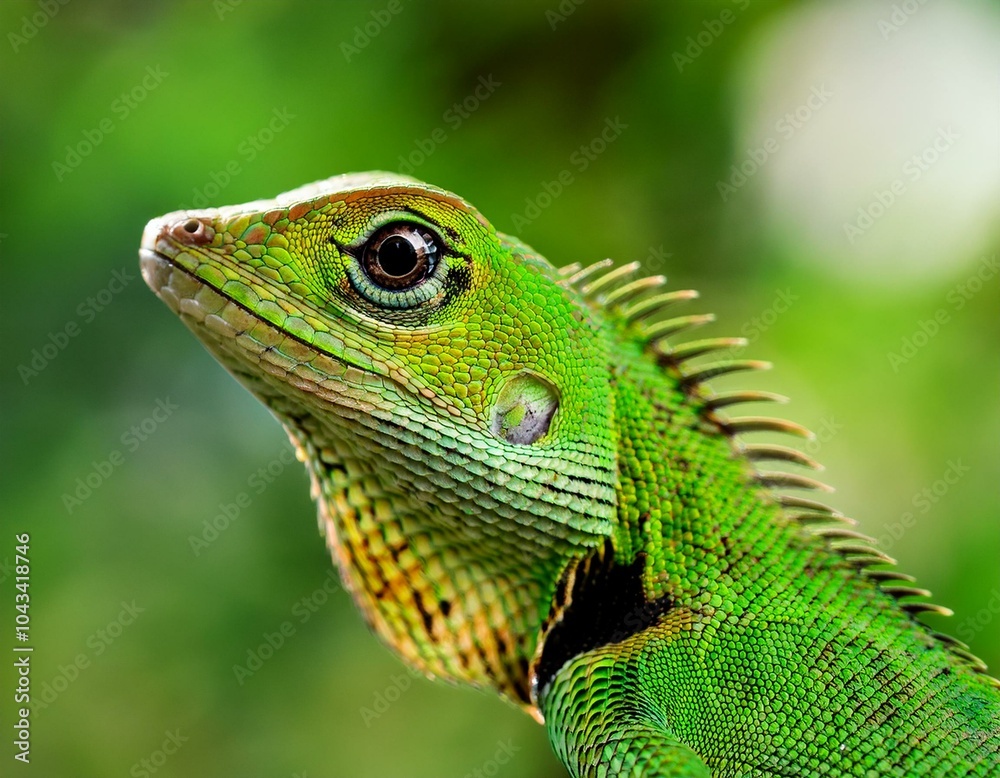 Close view of a common green forest lizard Close view of a common green forest lizard