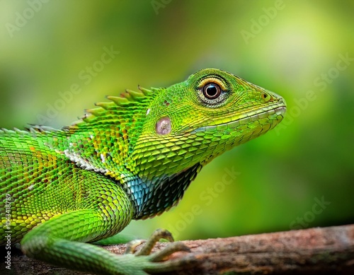 Close view of a common green forest lizard