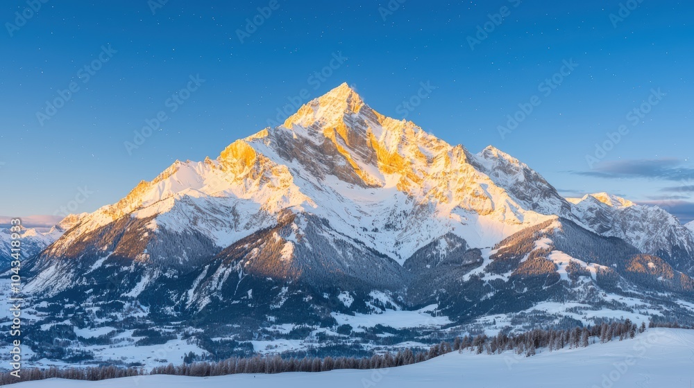 Majestic snow-capped mountain peaks under clear blue sky at sunrise a breathtaking winter landscape Majestic snow-capped mountain peaks under clear blue sky at sunrise a breathtaking winter landscape