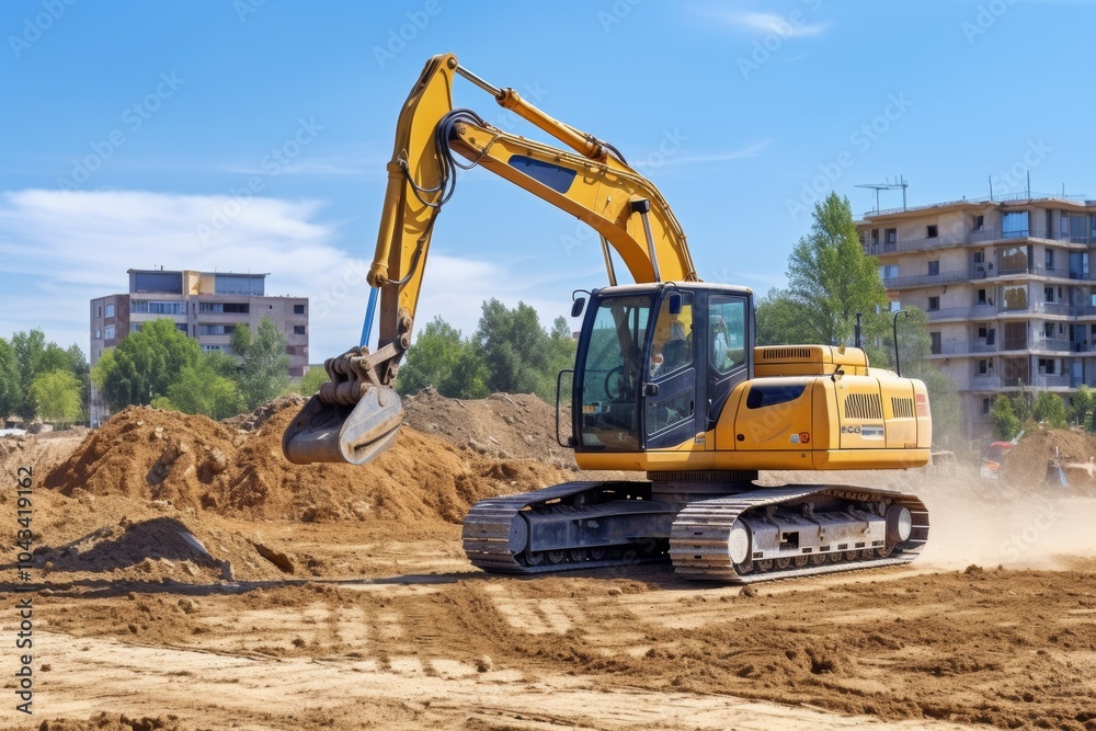 Obraz premium Excavator at a busy construction site under the bright sun during the warm summer day