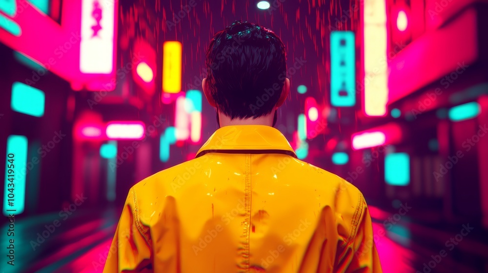 Fototapeta premium Neon City Rain Man in Yellow Raincoat