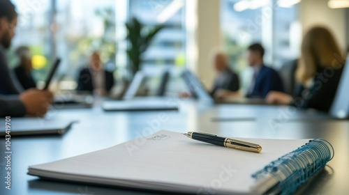 Agenda notepad open with a pen resting on it, placed on a conference table in a modern business setting