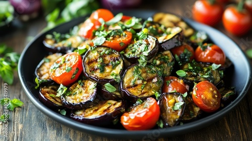 An artistic shot of a vegetarian eggplant salad, featuring vibrant ingredients like baked aubergine and cherry tomatoes on a wooden table.