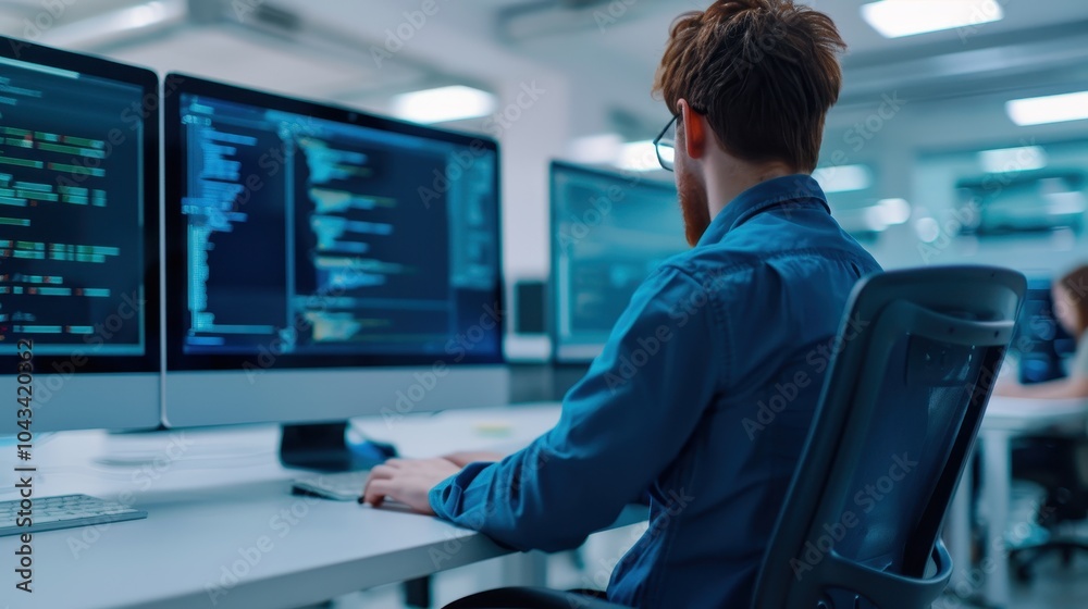 Software developer working at a desk with dual monitors, focused on coding and programming in a modern office environment. Software developer working at a desk with dual monitors, focused on coding and programming in a modern office environment.