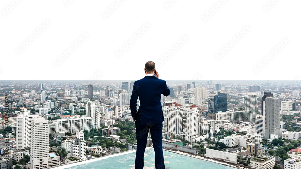 PNG Business man talking on a phone with a cityscape collage element, transparent background PNG Business man talking on a phone with a cityscape collage element, transparent background