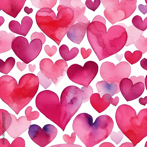 Watercolor seamless pattern of small pink hearts beautifully layered together.
