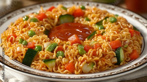 A vibrant plate of noodles topped with vegetables and sauce, showcasing a delicious meal.