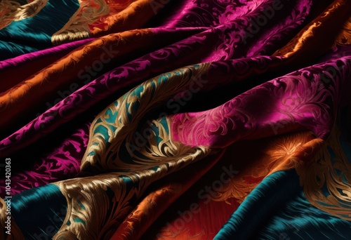 close luxurious fabric textures showcasing vibrant spectrum colors detailed patterns, textile, material, design, quality, cotton, silk, velvet, satin