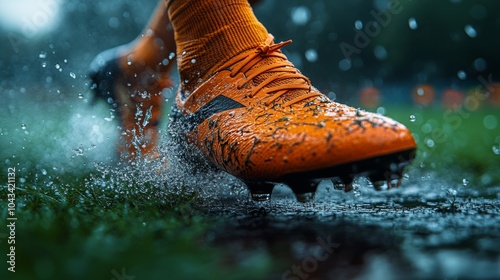 A soccer player splashes through water on the field, showcasing their vibrant orange boots as rain falls in the early evening. The vibrant atmosphere adds to the excitement of the game. photo