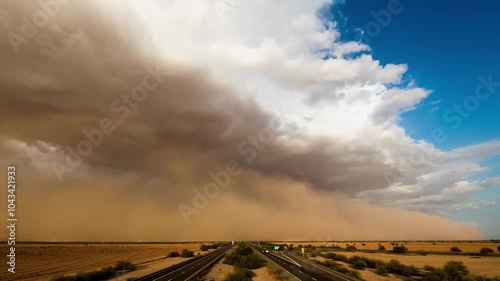 Sandstorm in the desert and sand , red sand, above the highway
