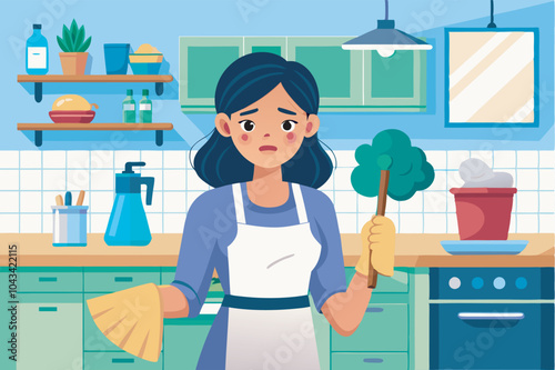 A woman in a messy kitchen looks sad with cleaning tools. Clutter, a clock, and a frying pan are visible. The scene conveys unfinished tasks in a bright setting.