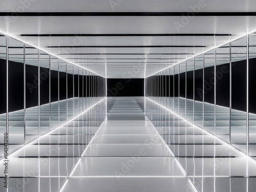 Futuristic Illuminated Corridor With Reflective Walls, Infinity Mirror