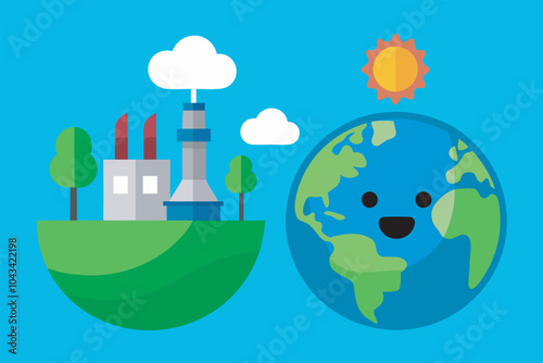 The cartoon Earth smiles, surrounded by polluted clouds contrasting with cheerful trees symbolizing environmental problems vs. natural beauty.