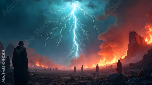 Figures Observing Lightning Strike in Apocalyptic Landscape