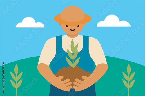 Man in hat and blue overalls outside holding pot with green sprout. Field with more sprouts, blue sky with clouds in background.