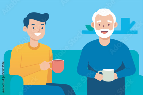 Two men sit on a green couch, smiling with coffee cups. Young man in yellow holds red cup, older man in blue with white cup. Enjoying a cozy chat.