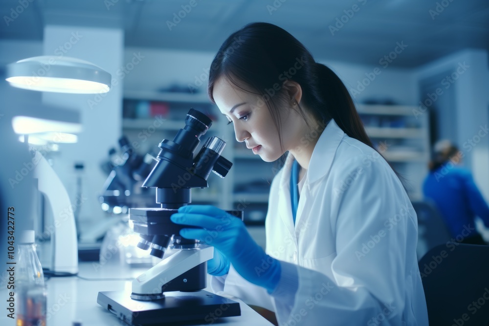 Asian female scientist working diligently in a medical development laboratory during a research project Asian female scientist working diligently in a medical development laboratory during a research project