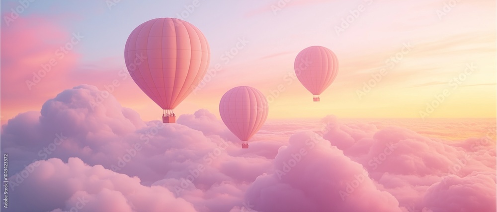 Obraz premium Imaginative visuals inspire happiness, minimalist hot air balloons soaring across the sky with simple cloud shapes and a pastel sunset palette.