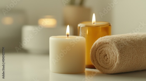 tranquil spa setting with essential oils and candles creates serene atmosphere. soft glow of candles and neatly rolled towel enhance relaxing ambiance