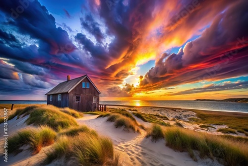 Silhouetted boathouse against dunes, Chatham's dreamy Cape Cod scene.