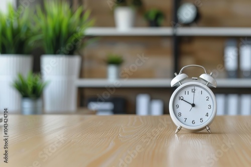 White alarm clock on a wooden desk in a modern office space with blurred background featuring shelves and green plants.