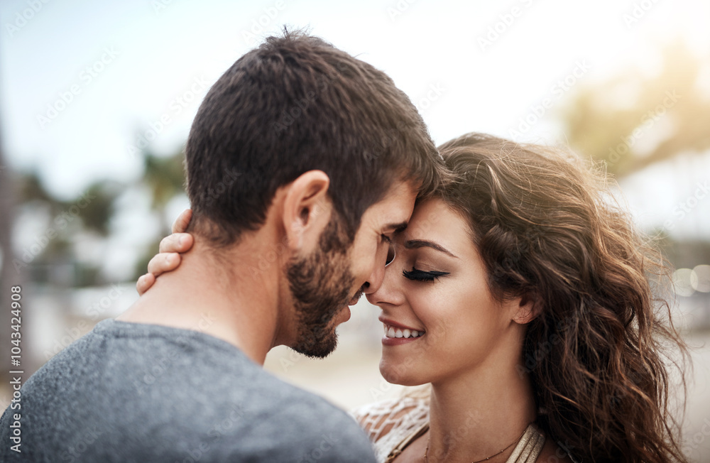 Happy, couple and embrace with care in nature for outdoor adventure, marriage and commitment together. Man, woman and love with affection in support for bonding, vacation or weekend trip on honeymoon Happy, couple and embrace with care in nature for outdoor adventure, marriage and commitment together. Man, woman and love with affection in support for bonding, vacation or weekend trip on honeymoon