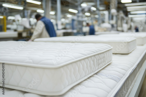 Close-up of white mattresses arranged in a large industrial factory setting with workers in the background, stock photo, high quality