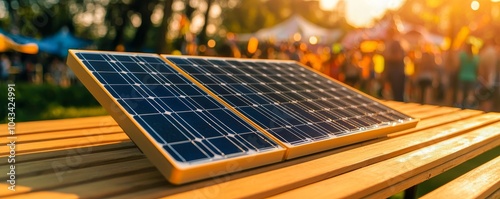 A solar panel sits on a wooden table, bathed in warm sunlight, with a lively background of people enjoying an outdoor event. photo