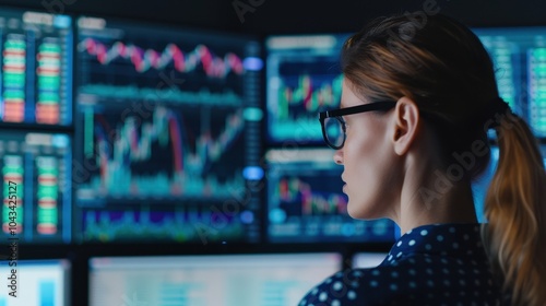 Woman analyzing stock market data on multiple screens in modern office environment, showcasing technology and finance insights.