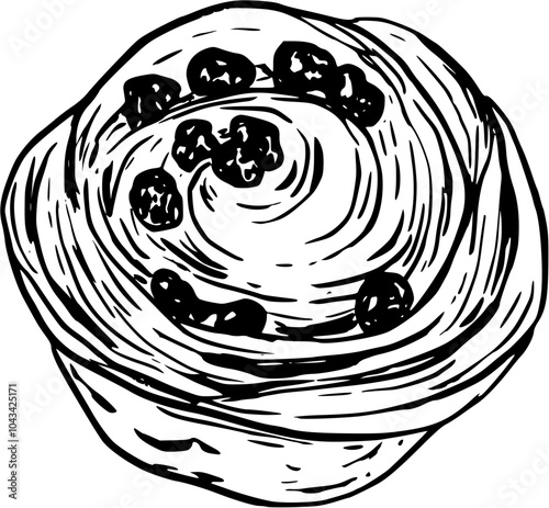 Pain aux raisins french Pastry products, Gourmet Desserts and Bakery. Hand drawn vector illlustation on white background